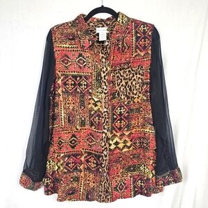 Soft Surroundings Shirt Red Black Aztec‎ Sheer Black Sleeves Women's Size Medium